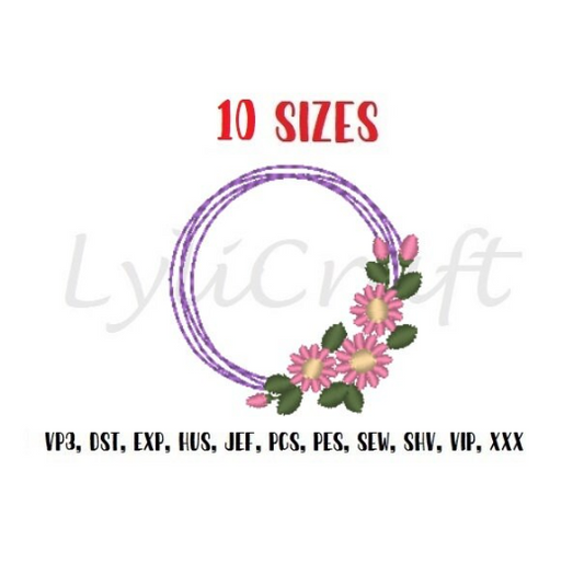 Mini Daisy Embroidery Design, Small Daisy Machine Embroidery Designs, Flower Wreath Embroidery, Floral Frame Embroidery, Spring Design