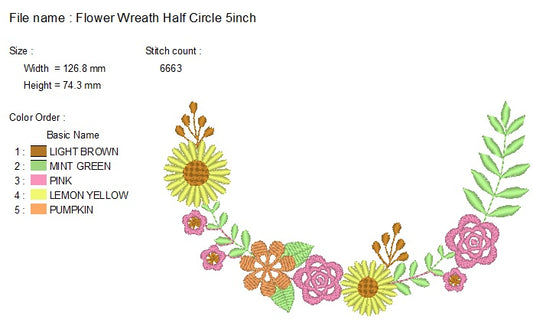 Flower wreath embroidery design, floral wreath embroidery design, half circle embroidery design, half wreath embroidery design, Size 5,6,7 inches Instant Download