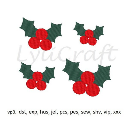Mini holly berry embroidery design, small holly berry machine embroidery designs, Christmas embroidery, floral embroidery, border embroidery