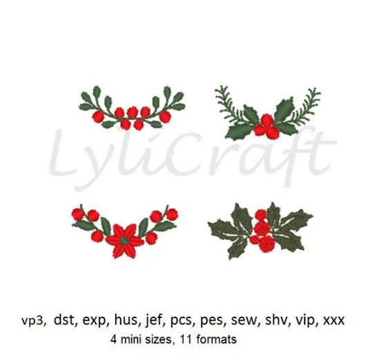 Mini Holly Berry Embroidery, Small Poinsettia Embroidery, Mini Mistletoe Embroidery, Border Embroidery, Christmas Machine Embroidery Designs
