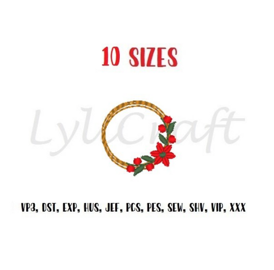 Mini poinsettia wreath embroidery design, small poinsettia machine embroidery designs, Christmas embroidery, holiday embroidery design