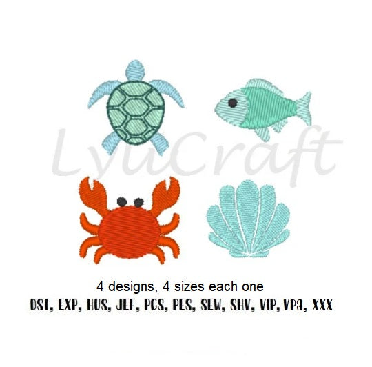 Mini Turtle Embroidery, Small Fish Embroidery, Mini Crab Embroidery, Small Sea Shell Embroidery, Ocean Machine Embroidery Designs Set