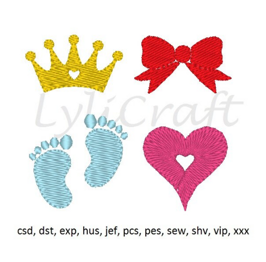 Crown, Baby feet, Heart, Ribbon Bow Embroidery Design Set