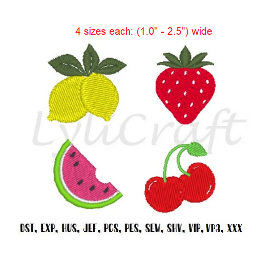 Mini Lemon Embroidery, Small Strawberry Embroidery, Mini Watermelon Embroidery, Small Cherry Embroidery, Machine Embroidery Designs Set, Instant Download