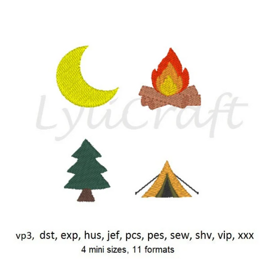 Mini Moon Embroidery, Small Campfire Embroidery, Mini Pine Tree Embroidery, Small Camping Tent Embroidery, Summer Machine Embroidery Designs, Instant Download.