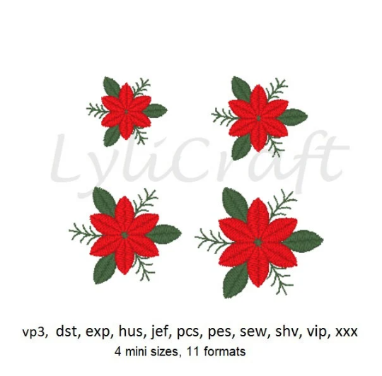 Mini Poinsettia Embroidery Design, Small Poinsettia Machine Embroidery Designs, Christmas Embroidery, Flower Embroidery, Holiday Embroidery