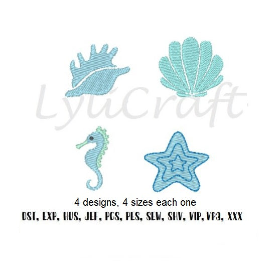 Mini Sea Shell Embroidery, Small Starfish Embroidery, Mini Seahorse Embroidery, Summer Beach Machine Embroidery Designs Set, Instant Download
