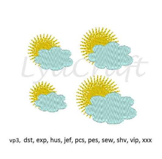 Mini Sun Embroidery Design, Small Sun Machine Embroidery Designs, Cloud Embroidery, Cloudy Designs, Weather Embroidery, Sky Embroidery
